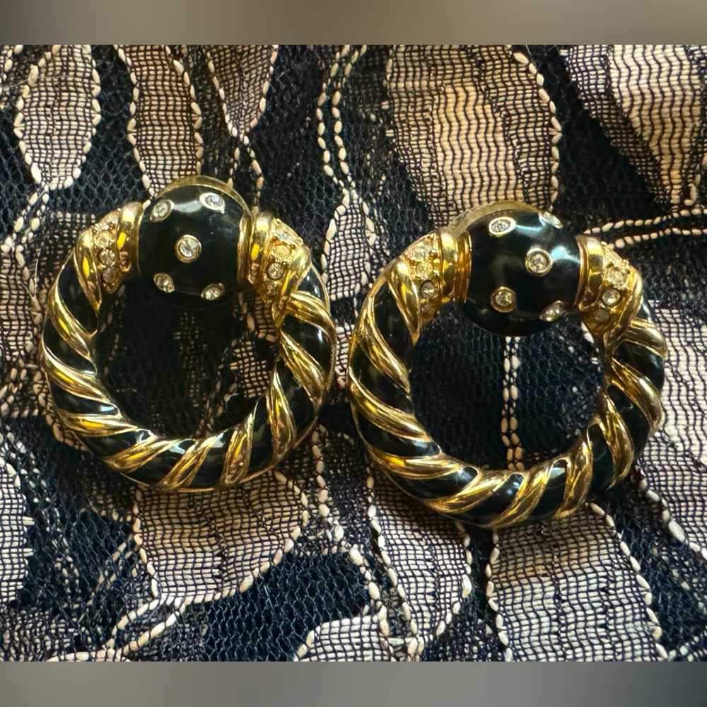 Vintage swan stamped gold plated enamel and Swarovski Crystal earrings